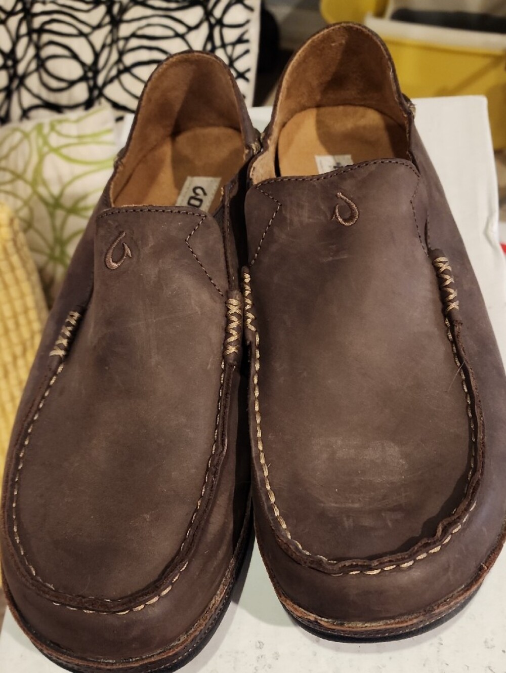 OluKai Men's Dark Brown Leather Slip-On Loafers